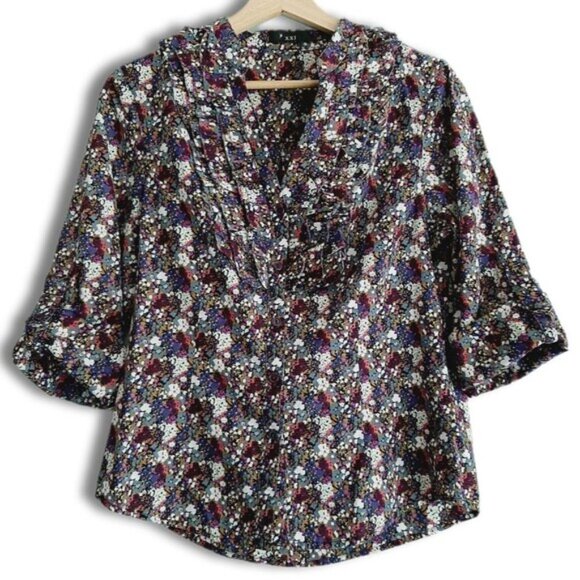 XXI FOREVER 21 Button Down Ditsy Floral Ruffle Detail Blouse Top Colorful Sz S - Picture 2 of 15